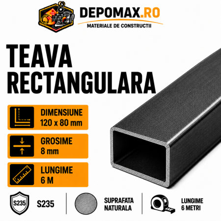 Teava rectangulara 120 x 80 x 8 mm, 6 metri
